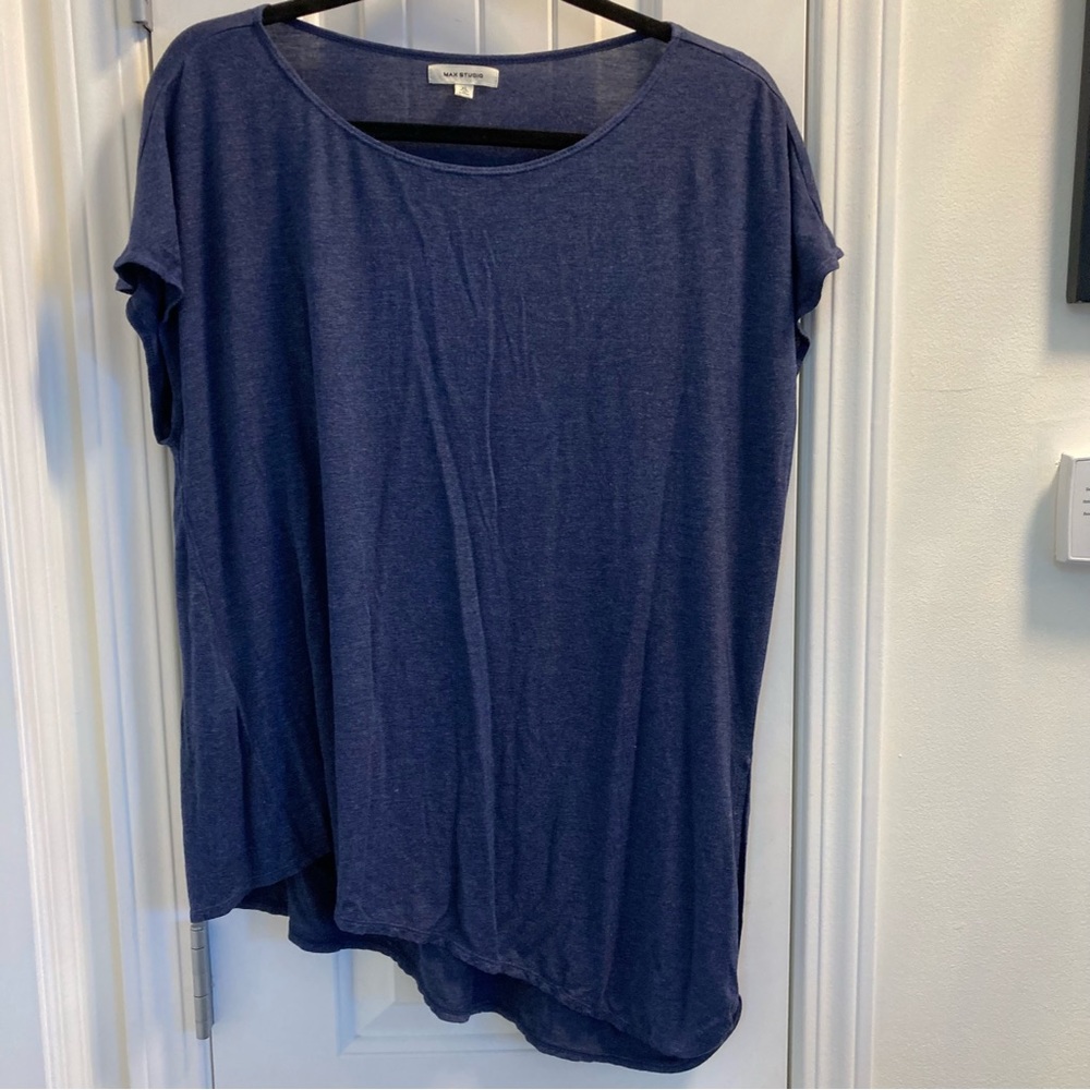 Max Studio Size XL Blue Scoop Neck Top with Tie Detail